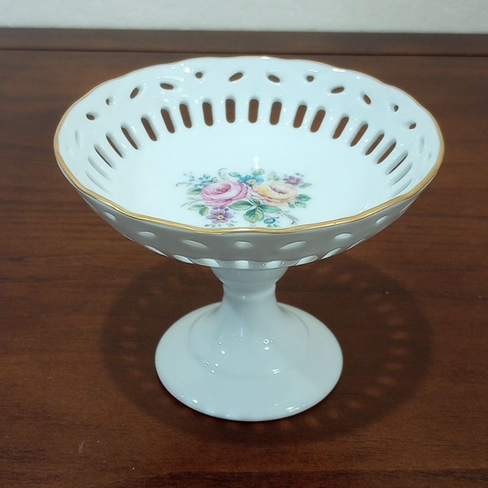Porcelain d' Art Marco Polo Rose Reticulated Candy Dish with Stand - Vintage!